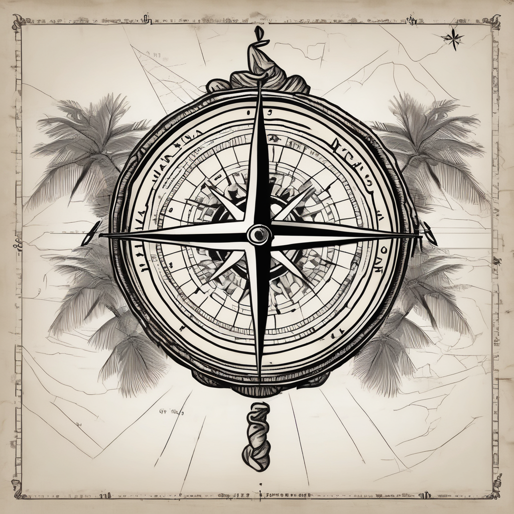 Compass on the back of the palm in the shape of Nigeria with longitude written on the top and latitude written on the bottom. Draw lines from a treasure map connecting from the arm to the tattoo fishing tattoos, AI-generated Old School tattoo design